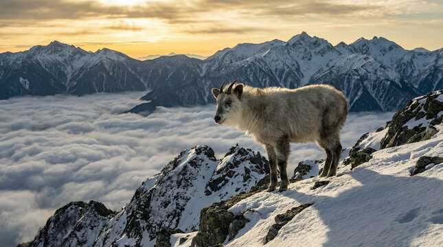Japanese serow standing on rocky mountain ridge covered in fresh snow