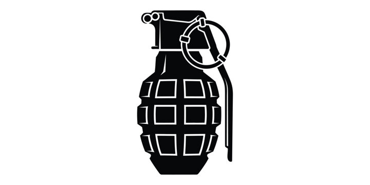 A black and white silhouette illustration of a classic hand grenade with its pin pulled, ready to explode