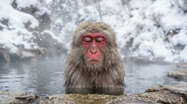 Japanese Snow Monkey Bathing in Hot Spring Onsen Winter