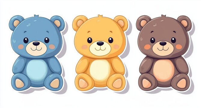 three smiling plush teddy bears in blue yellow and brown sitting side by side with rosy cheeks cheerful and adorable cartoon illustration on white background