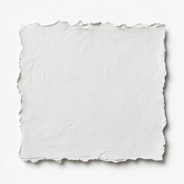 Blank torn textured paper sheet with deckled rough edges on white background, soft shadow, minimalist empty space evoking calm and simplicity