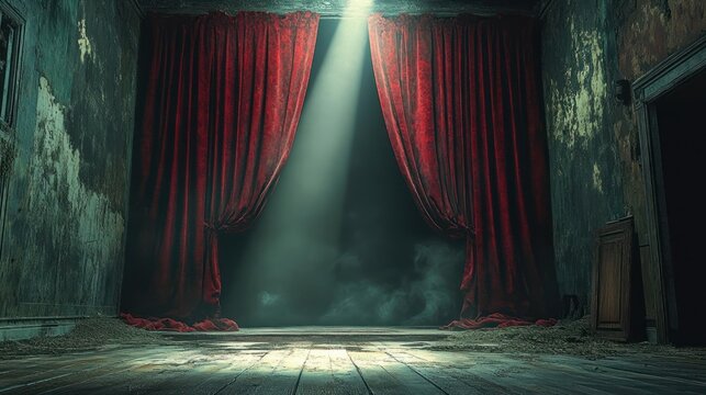 Empty abandoned stage with tattered red curtains, single spotlight cutting through fog onto dusty wooden floor and peeling walls, eerie dramatic atmosphere