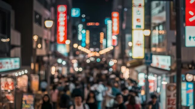 Crowd of People Blurred in a Busy Neon Street at Night