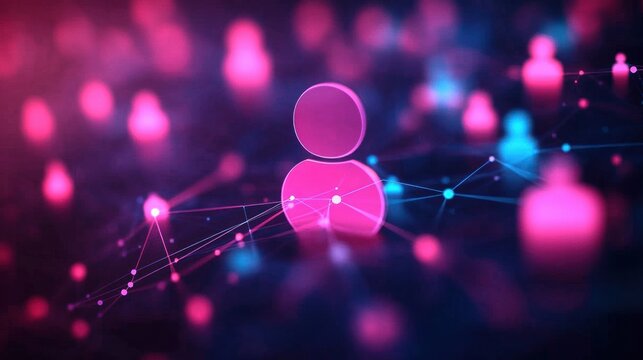 Glowing pink and blue user icons connected by luminous nodes and lines on a blurred neon background, conveying dynamic digital connection and collaborative energy