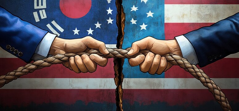 Two suited hands in a tug-of-war snapping a thick rope over a torn split flag with stars and a red circular emblem, tense confrontation and strain