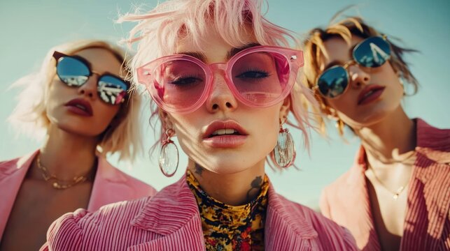 three stylish friends in pink corduroy jackets, floral layered tops and sunglasses against a bright blue sky, playful confident summer energy
