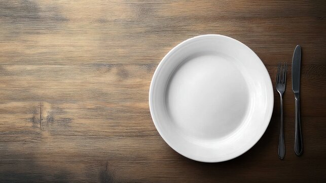Empty white ceramic plate with fork and knife on a rustic wooden table, overhead view conveying minimalist simplicity and quiet anticipation before a meal