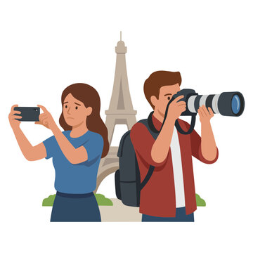Couple taking photos of Eiffel Tower in Paris on vacation trip