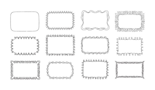 Twelve hand drawn decorative rectangular frames with varied borders