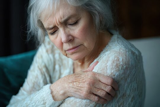 elderly woman with gray hair in a soft knitted sweater clutching her shoulder with closed eyes and pained expression, seated indoors beside a teal cushion