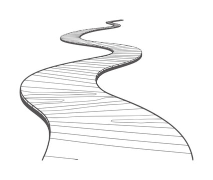 Winding wooden path with visible grain texture and parallel lines