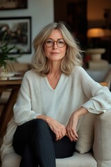 Obraz premium Mature woman with shoulder-length blonde hair sitting on a cream sofa in a cozy living room wearing a white blouse and knit cardigan, looking relaxed and contemplative
