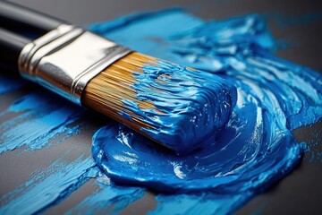 Fototapeta premium close-up of a paintbrush loaded with thick glossy blue paint smeared in swirling strokes on a dark surface, evoking energetic creative expression and tactile texture