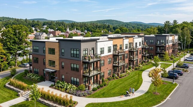 Contemporary apartment complex with private balconies and manicured green lawns.