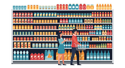 Fototapeta premium High shelves in a modern supermarket aisles completely stocked with a diverse range of colorful food and beverage products in jars and bottles.