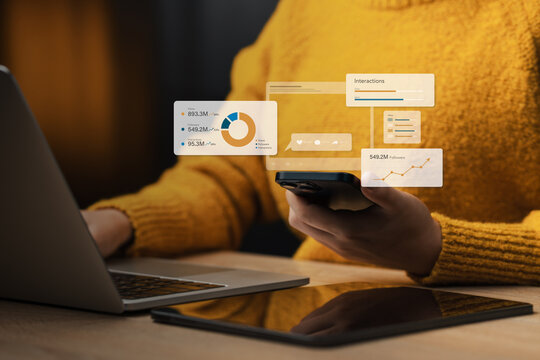 Professional Social Media Marketing Analytics Concept with Dashboard on Smartphone showing Data Visualization of Followers Likes Shares and Engagement Metrics for Digital Business Growth