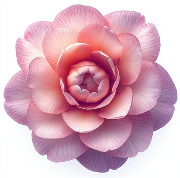 soft pink camellia bloom with concentric layered veined petals and gentle glow on a white background, serene and elegant