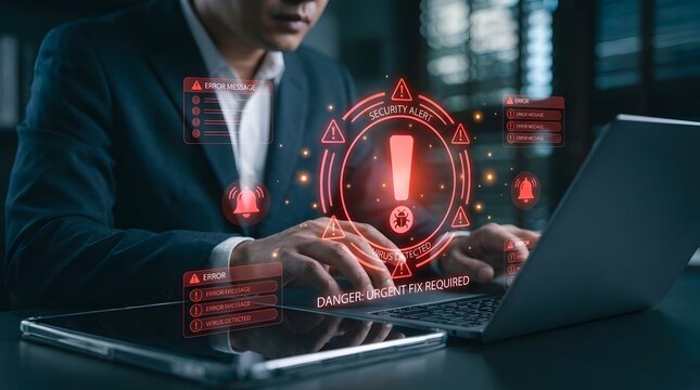 Professional developer analyzing urgent system security alert with digital exclamation mark notification showing critical computer virus threat and software error needing immediate repair.