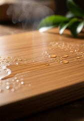 Obraz premium Water Droplets and Rising Steam on a Warm Wooden Surface