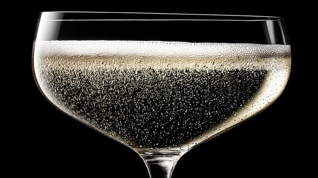 Close up of sparkling champagne bubbles rising in a vintage coupe glass on a black background