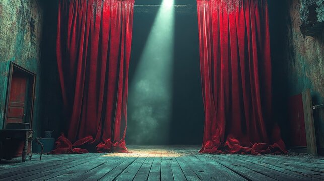 Empty old theater stage with worn wooden floor, heavy red velvet curtains parted, single spotlight beam cutting through dust and fog, abandoned eerie atmosphere of suspense