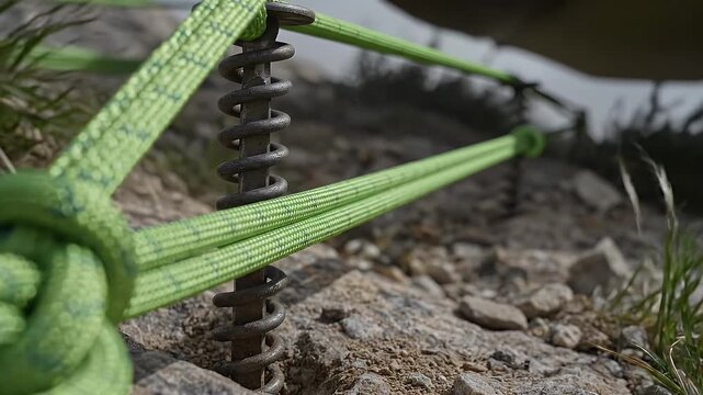 Outdoor Guyline Tension System - Close-up view of durable guylines anchored securely to the ground, showcasing the tension and support provided against strong wind gusts.