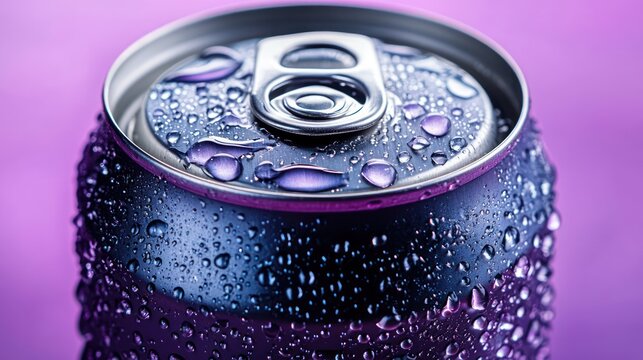 Close-up of chilled aluminum beverage can top with water droplets and metallic pull tab on purple background, refreshing cool mood