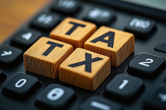 wooden letter blocks spelling tax sitting on a black calculator keypad, close-up conveying financial concern and calculation