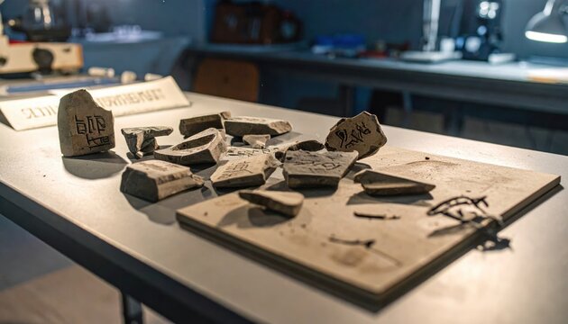 Ancient Inscribed Ostraca Fragments, Dusty Archaeological Findings on Tabletop