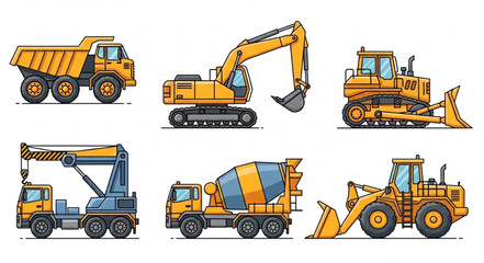 Collection of construction vehicles and heavy machinery illustrations. © Kini