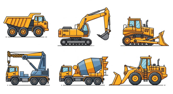 Collection of construction vehicles and heavy machinery illustrations.