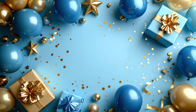 A festive flat lay composition with blue and gold balloons, gift boxes, and confetti on a light blue background.