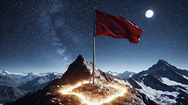 Mountain Peak Victory Flag - A red flag flaps in the wind atop a glowing mountain peak beneath a starry night sky and full moon. The surrounding landscape is snow-capped mountains in the distance.