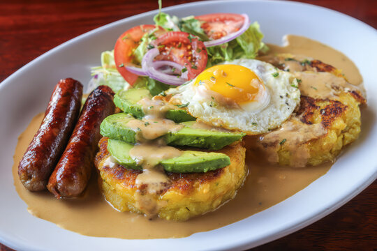 A plated Ecuadorean llapingachos dish featuring golden potato cakes topped with fried egg, avocado slices, and peanut sauce, served with grilled sausages and a fresh tomato salad.