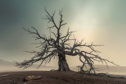Generated artificial photo-realistic illustration of a dead or dying tree in the middle of a desolate misty landscape background.