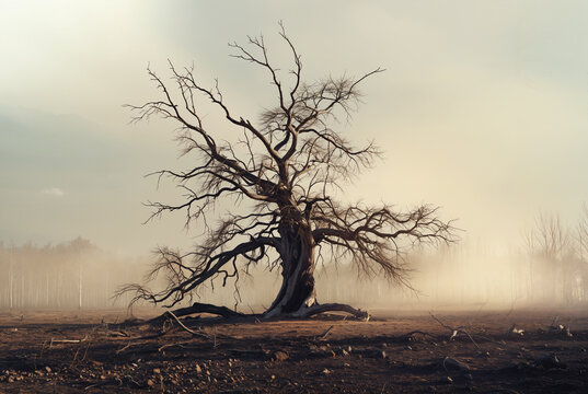 Generated artificial photo-realistic illustration of a dead or dying tree in the middle of a desolate misty landscape background.