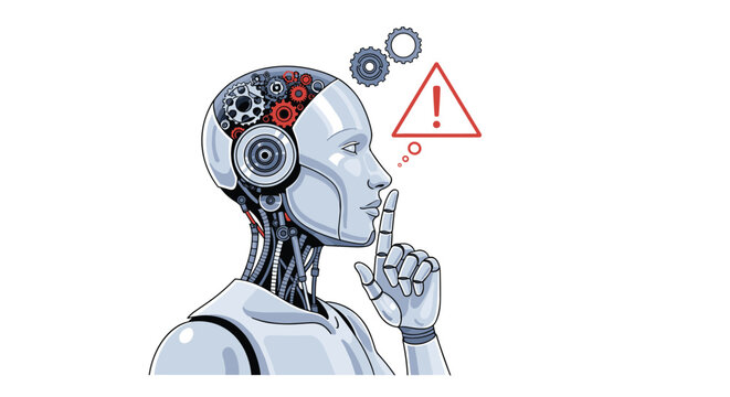 Thoughtful artificial intelligence robot with visible gears inside its head, contemplating a warning triangle symbol indicating technical issues.