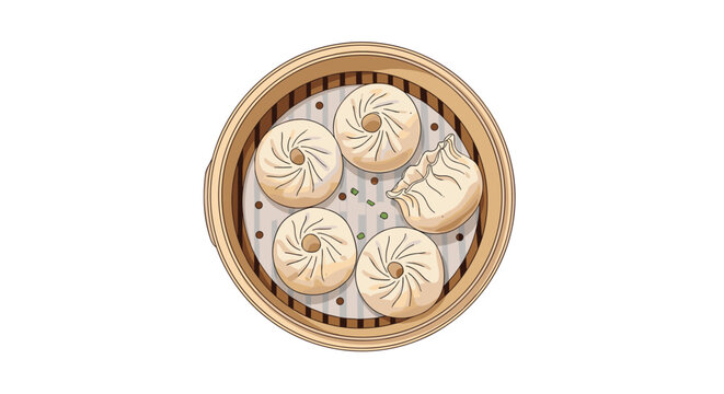 Assorted chinese dumplings including bao and gyoza styles presented in a traditional bamboo steamer basket on a white background.