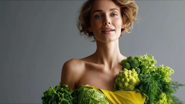 Radiant woman embodying nourishment. Fresh green produce fosters mental clarity, emotional stability, and inner peace, promoting vibrant vitality, self assurance, and natural glowing beauty.