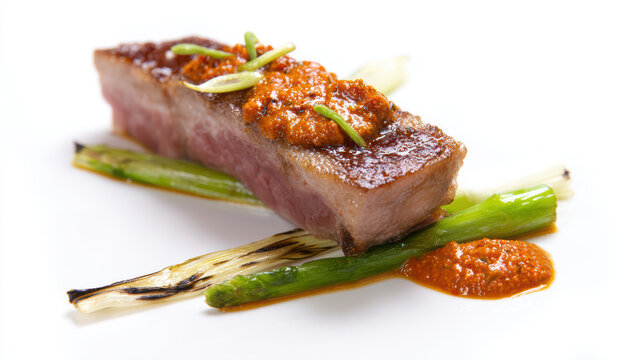 iberico pork pluma with romesco sauce on a plate