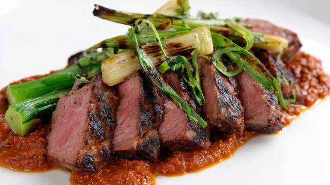 iberico pork pluma with romesco sauce on a plate