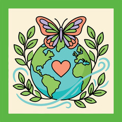 Naklejka premium Hopeful Mental Health Concept Vector with Globe, Heart, and Butterfly Garland .eps