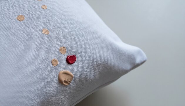 Vibrant cosmetic product splatters on a clean white fabric surface, showcasing accidental beauty mishaps and the common challenge of stain removal and laundry