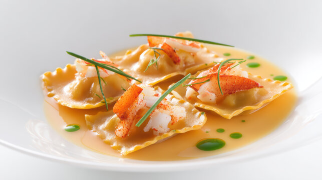 crab ravioli with lobster bisque and chives