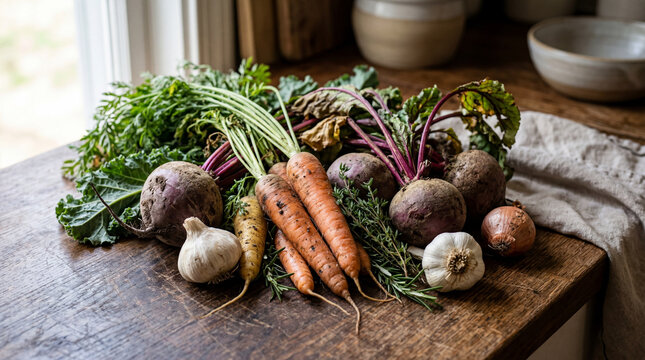 Fresh Organic Root Vegetables and Greens Arranged for Healthy Cooking