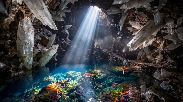 sunlight illuminates crystal cave with vibrant coral reef pool