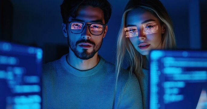 Two people with obscured faces intensely focused on glowing computer screens displaying code in a dim blue-lit room during a collaborative late-night programming session