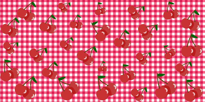 Traditional red cherry pattern over red gingham checkered background. Classic country style picnic tablecloth design