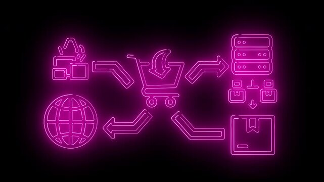 Neon pink line icons depicting online shopping process on black background
