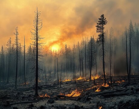 smoldering forest with tall charred trunks, low flames across an ashen floor and dense smoke under an orange hazy sun, conveying desolation and eerie heat